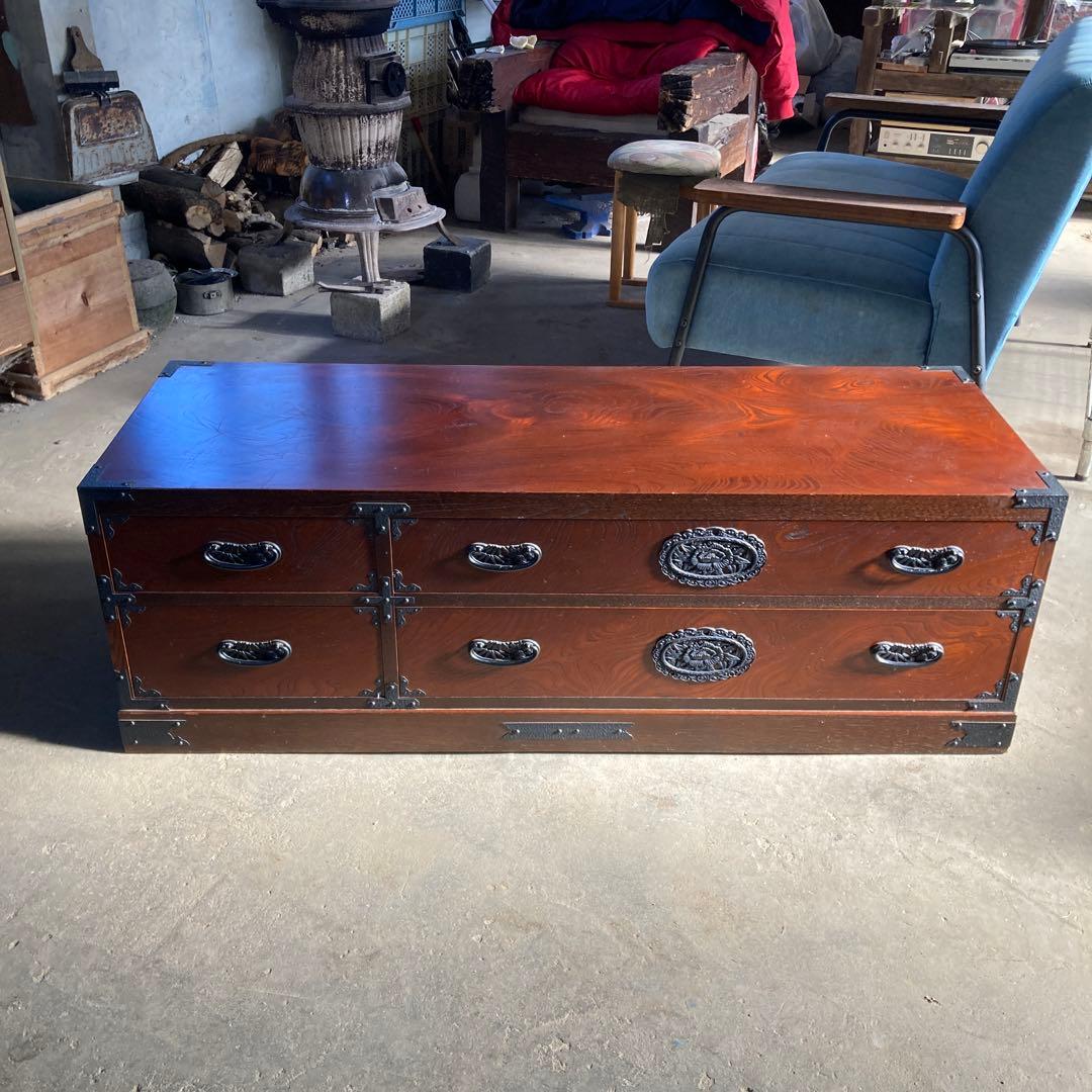 む*ま様 民芸箪笥 内桐 欅 牡丹の装飾金具 ローボード チェスト TVボード ローボード 民芸調 テレビ台 テレビラック テレビボード キャビネット