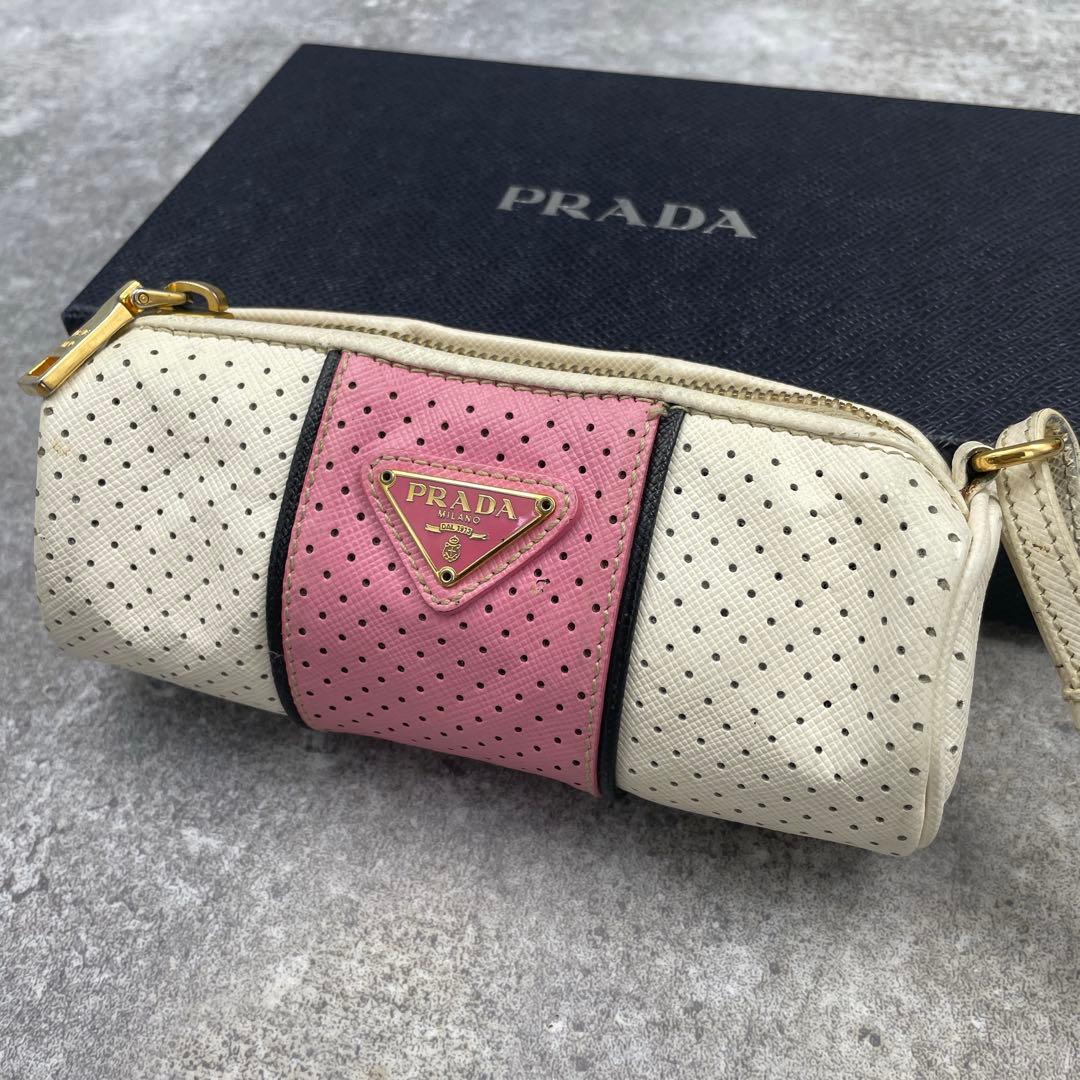 【微美品】PRADA プラダ　レザー　ポーチ　バイカラー　三角ロゴ PRADA プラダ 水色 ブルー系 ナイロン ポーチ ブランド 小物入れ 三角