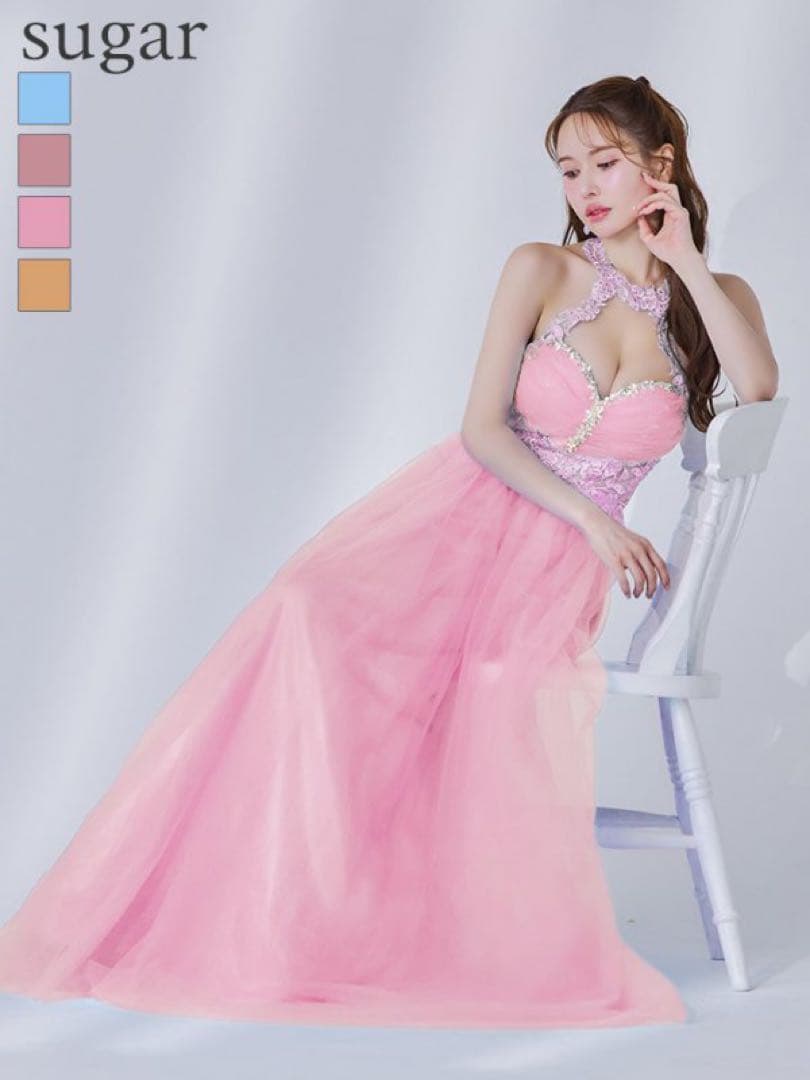 Sugar キャバドレス ドレス ロングドレス ピンク AngelR [エンジェルアール] アッパーフラワー / パールチェーン